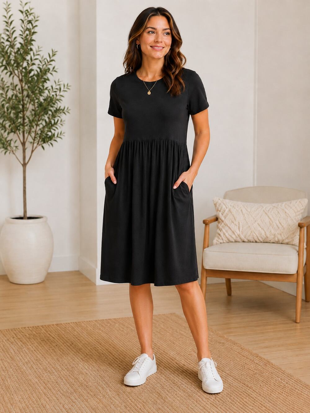 Simier Fariry Black T-shirt Dress Size Large with Pockets Casual Midi Dress